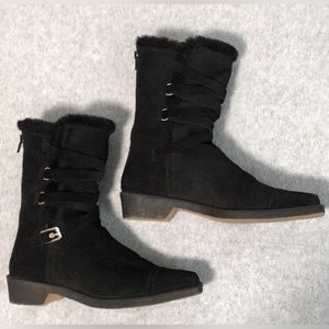 EUC!Stuart Weitzman Suede Mid-calf Boots Size 7.5 Black Fur Lining & Gum Soles